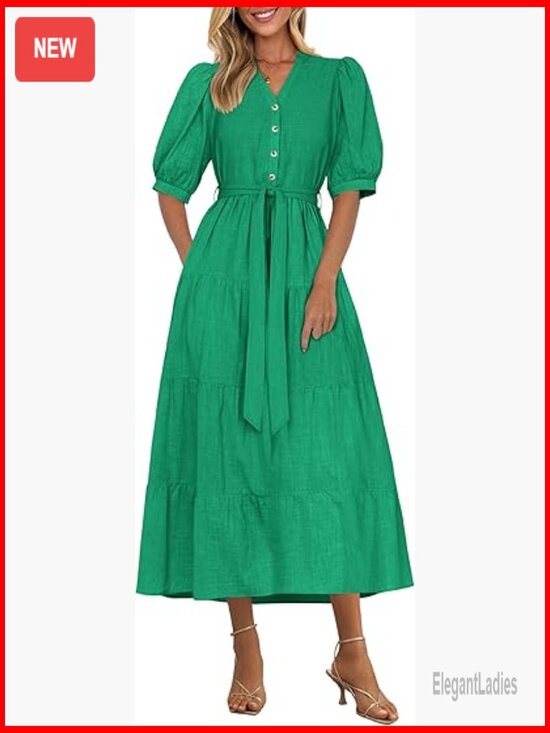Dresses & Skirts - Short Sleeve V Neck Ruffle A Line Midi Dress with Belt